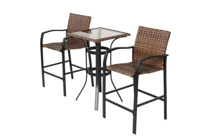 3 Pieces Outdoor Bar Stools Set,Rattan Bar Chairs,with glass table top, Wicker Bar Stools for Backyard, Garden, Pool, Balcony and Deck, Brown