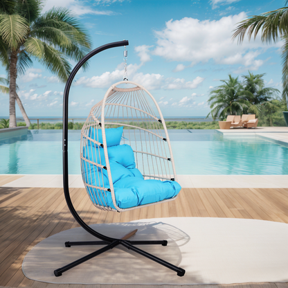 Outdoor Egg Hanging Chair with Stand, Patio Wicker Swing Egg Chair Indoor Swinging Chair Outdoor Hammock Egg Chair BLUE