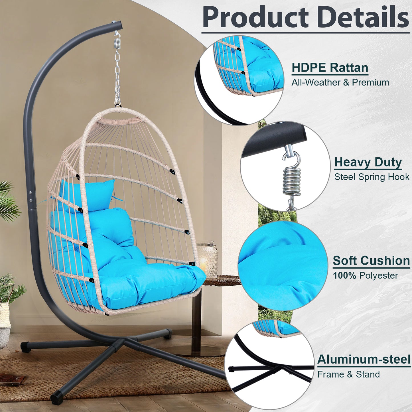 Outdoor Egg Hanging Chair with Stand, Patio Wicker Swing Egg Chair Indoor Swinging Chair Outdoor Hammock Egg Chair BLUE