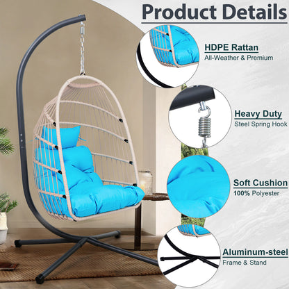 Outdoor Egg Hanging Chair with Stand, Patio Wicker Swing Egg Chair Indoor Swinging Chair Outdoor Hammock Egg Chair BLUE