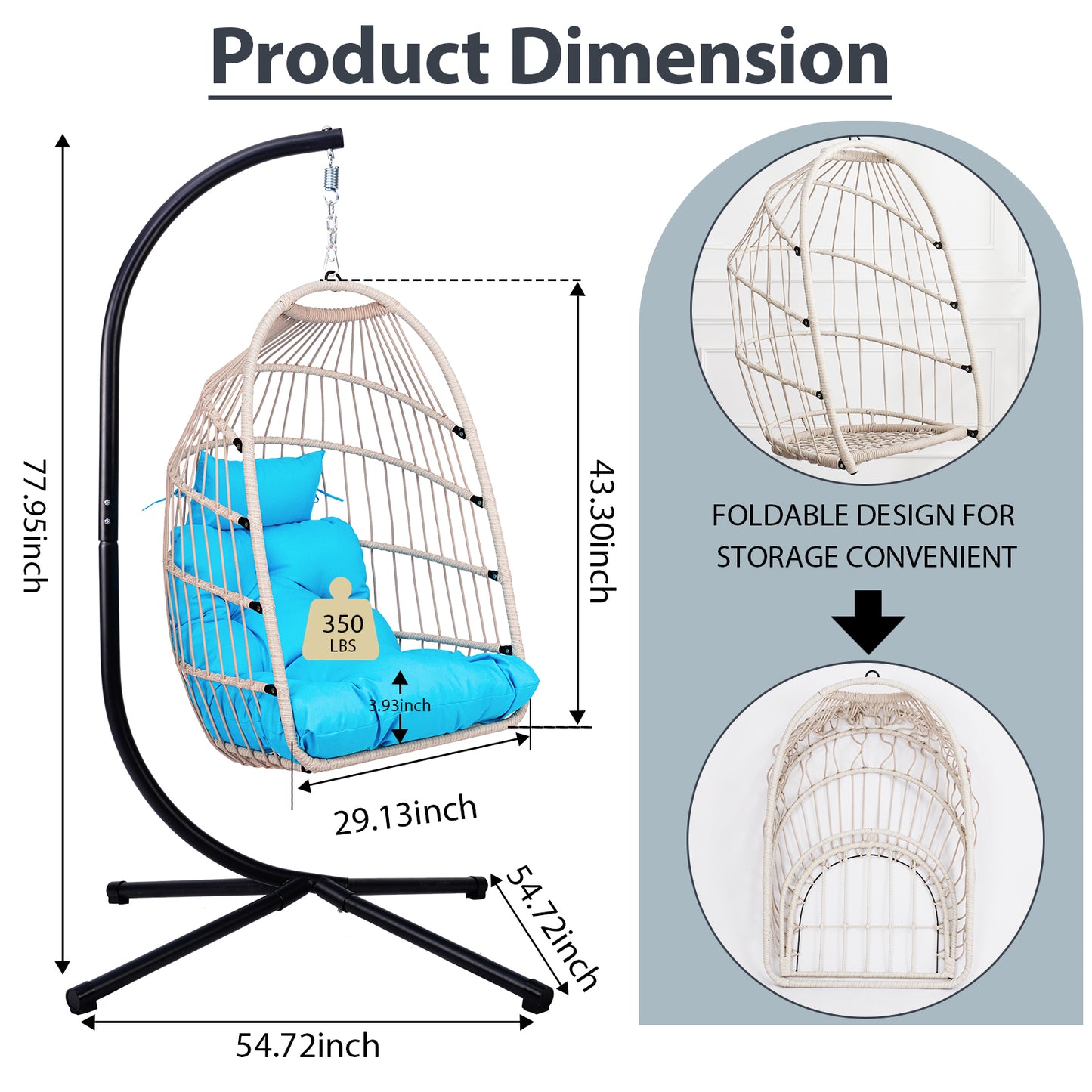 Outdoor Egg Hanging Chair with Stand, Patio Wicker Swing Egg Chair Indoor Swinging Chair Outdoor Hammock Egg Chair BLUE