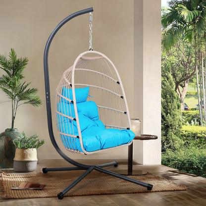 Outdoor Egg Hanging Chair with Stand, Patio Wicker Swing Egg Chair Indoor Swinging Chair Outdoor Hammock Egg Chair BLUE