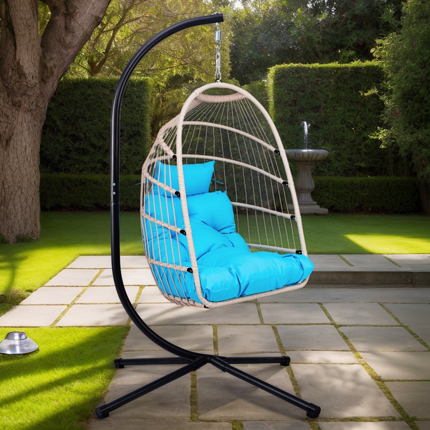 Outdoor Egg Hanging Chair with Stand, Patio Wicker Swing Egg Chair Indoor Swinging Chair Outdoor Hammock Egg Chair BLUE