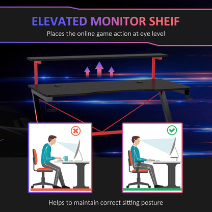 HOMCOM 47 Inch Gaming Desk Racing Computer Desk Home Office Workstation with Elevated Monitor Shelf Rotatable Cup Holder Headphone Hook, Black