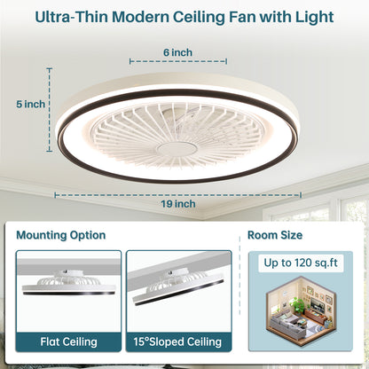 19 Inch RGB Dimmable Led Enclosed Ceiling Fan with Light Flush Mount Bladeless 6 Speed Remote Control for Bedroom Party