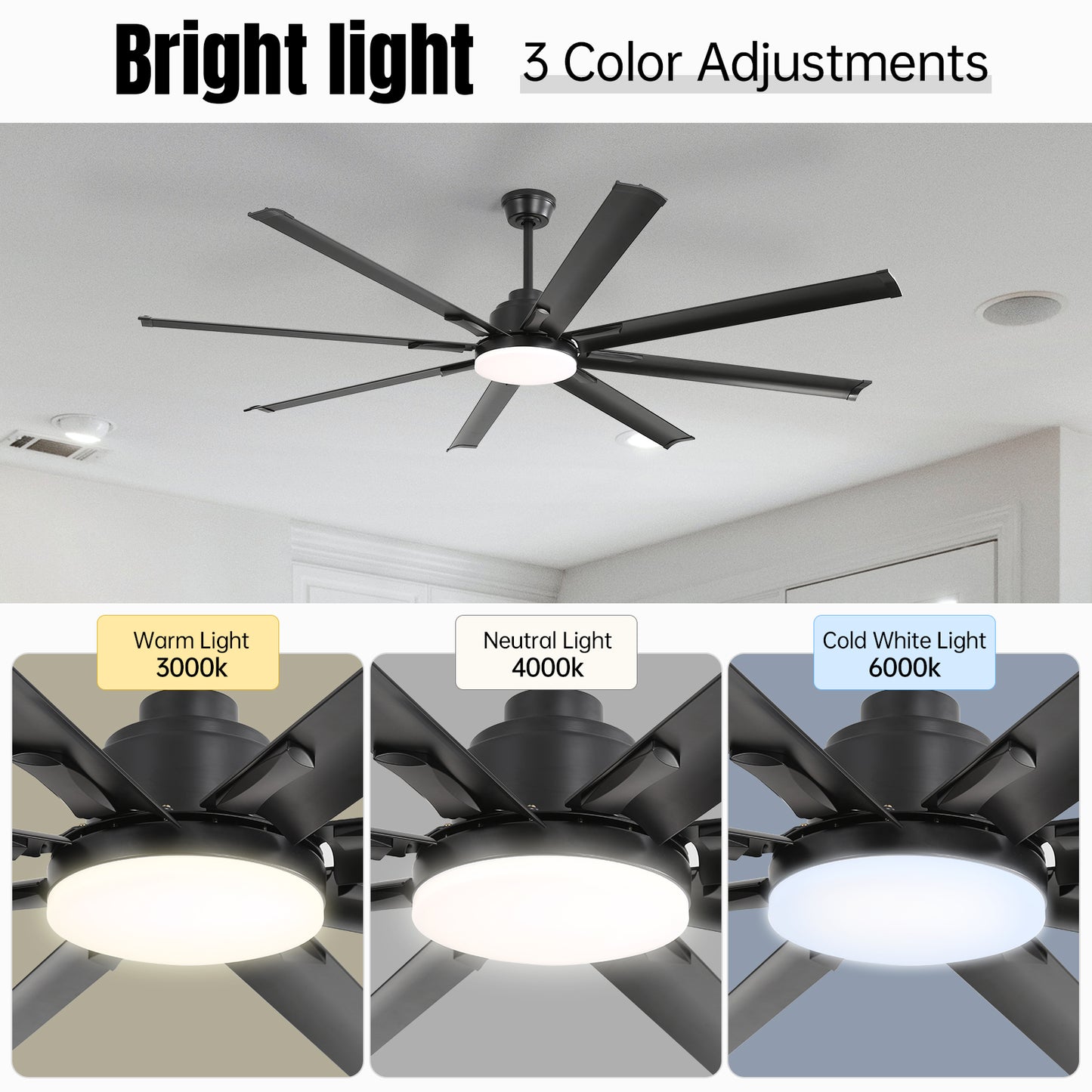 72 Inch Modern Large Design Ceiling Fans With Smart Remote Control 6 Wind Speed DC Motor Black for Living Room