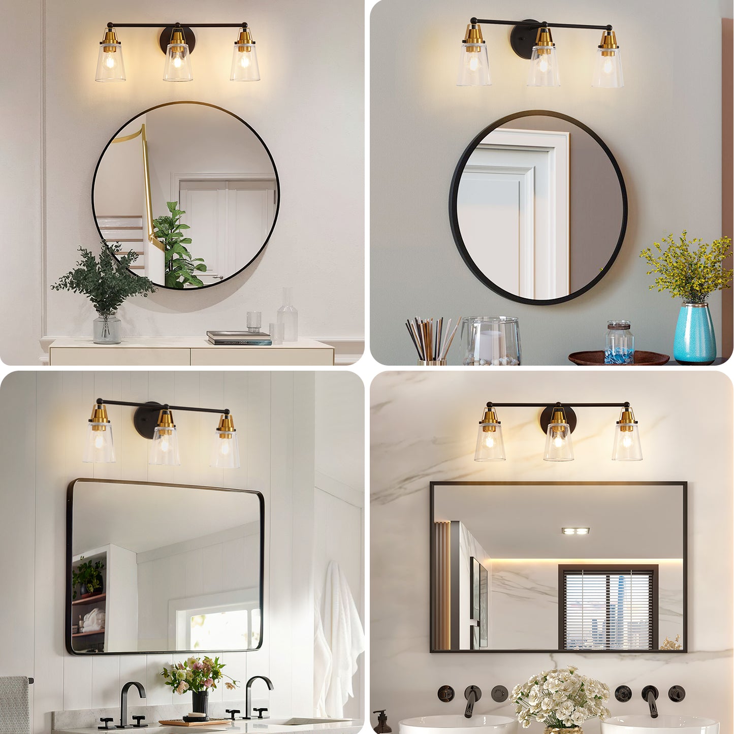 Modern 3-Light Black+Bronze Bathroom Vanity Light with Clear Glass Shade, E26 Wall Sconces Over Mirror for Living Room Bedroom Hallway (Bulb Not Included)