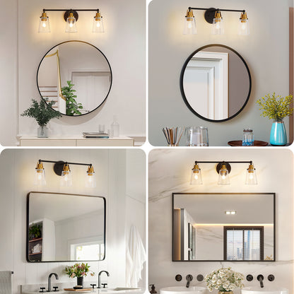 Modern 3-Light Black+Bronze Bathroom Vanity Light with Clear Glass Shade, E26 Wall Sconces Over Mirror for Living Room Bedroom Hallway (Bulb Not Included)