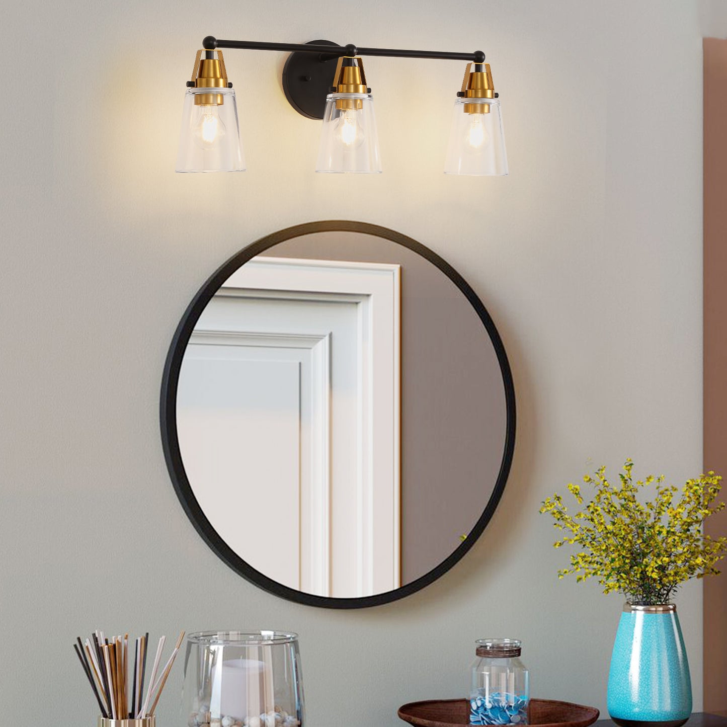 Modern 3-Light Black+Bronze Bathroom Vanity Light with Clear Glass Shade, E26 Wall Sconces Over Mirror for Living Room Bedroom Hallway (Bulb Not Included)