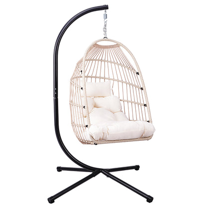 Outdoor Egg Hanging Chair with Stand, Patio Wicker Swing Egg Chair Indoor Swinging Chair Outdoor Hammock Egg Chair Off-white