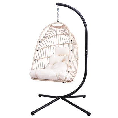 Outdoor Egg Hanging Chair with Stand, Patio Wicker Swing Egg Chair Indoor Swinging Chair Outdoor Hammock Egg Chair Off-white
