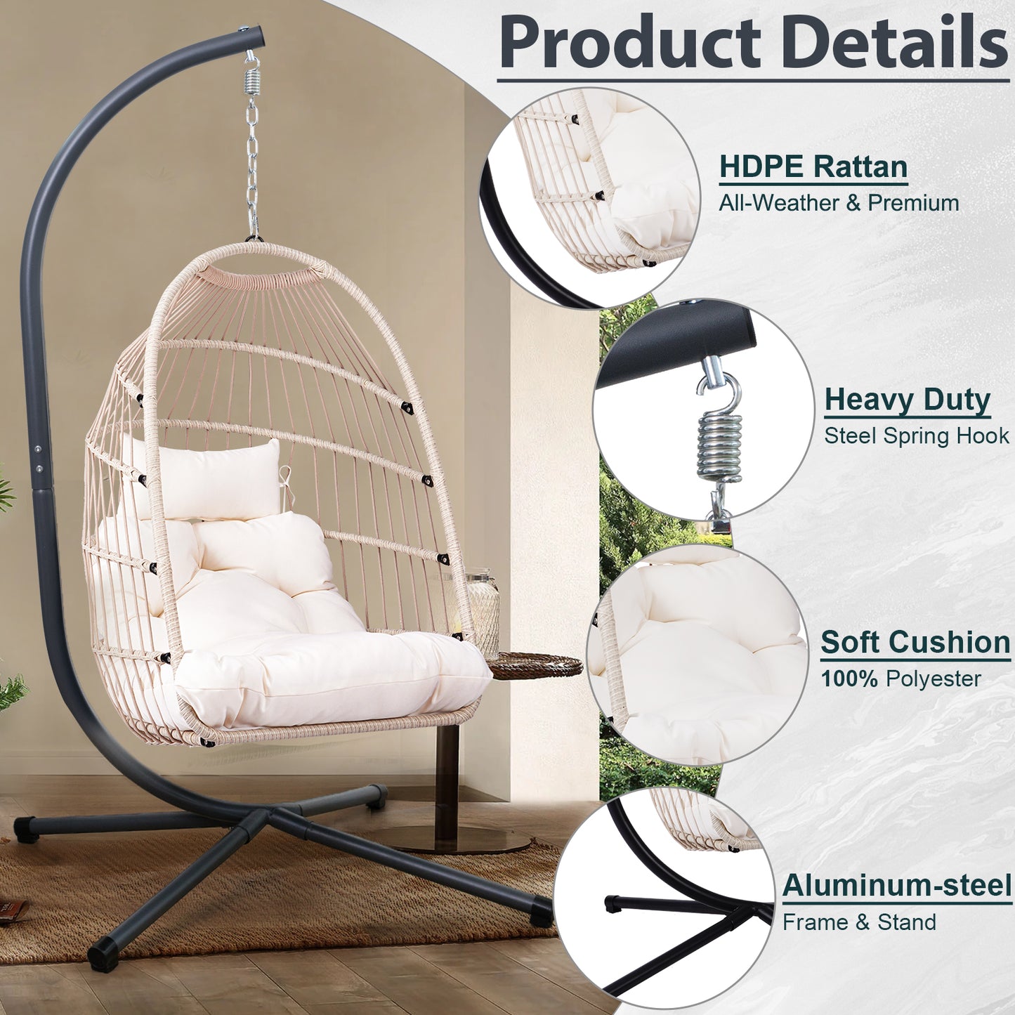 Outdoor Egg Hanging Chair with Stand, Patio Wicker Swing Egg Chair Indoor Swinging Chair Outdoor Hammock Egg Chair Off-white