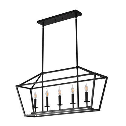 5-Light Farmhouse Kitchen Island Lighting,5 Light Industrial Linear Chandelier for Dining Room Metal Matte Black Finish Hanging Pendant Light Fixture for Bedroom Living Room Hallway Conference Room