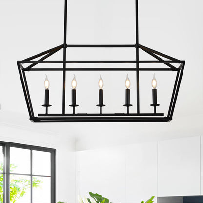 5-Light Farmhouse Kitchen Island Lighting,5 Light Industrial Linear Chandelier for Dining Room Metal Matte Black Finish Hanging Pendant Light Fixture for Bedroom Living Room Hallway Conference Room