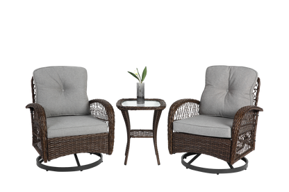 3 Pieces Outdoor Swivel Rocker Patio Chairs, 360 Degree Rocking Patio Conversation Set with Thickened Cushions and Glass Coffee Table for Backyard, Grey