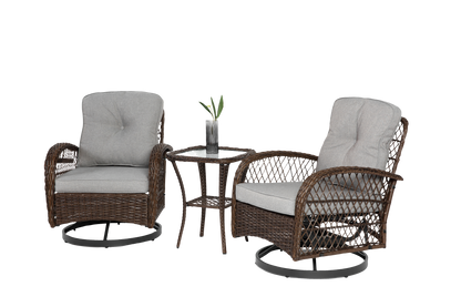 3 Pieces Outdoor Swivel Rocker Patio Chairs, 360 Degree Rocking Patio Conversation Set with Thickened Cushions and Glass Coffee Table for Backyard, Grey