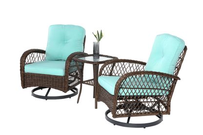 3 Pieces Outdoor Swivel Rocker Patio Chairs, 360 Degree Rocking Patio Conversation Set with Thickened Cushions and Glass Coffee Table for Backyard, Blue