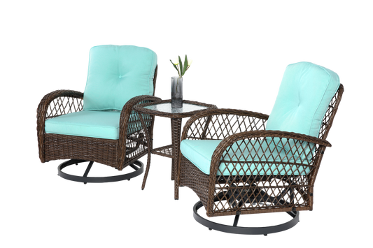 3 Pieces Outdoor Swivel Rocker Patio Chairs, 360 Degree Rocking Patio Conversation Set with Thickened Cushions and Glass Coffee Table for Backyard, Blue