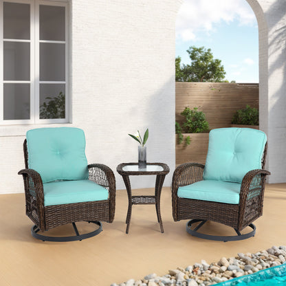 3 Pieces Outdoor Swivel Rocker Patio Chairs, 360 Degree Rocking Patio Conversation Set with Thickened Cushions and Glass Coffee Table for Backyard, Blue