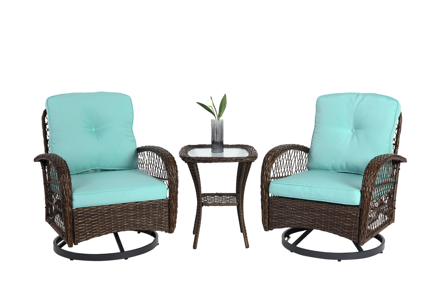 3 Pieces Outdoor Swivel Rocker Patio Chairs, 360 Degree Rocking Patio Conversation Set with Thickened Cushions and Glass Coffee Table for Backyard, Blue