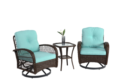 3 Pieces Outdoor Swivel Rocker Patio Chairs, 360 Degree Rocking Patio Conversation Set with Thickened Cushions and Glass Coffee Table for Backyard, Blue