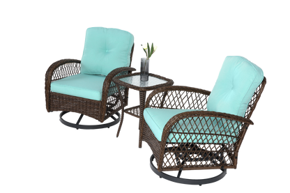 3 Pieces Outdoor Swivel Rocker Patio Chairs, 360 Degree Rocking Patio Conversation Set with Thickened Cushions and Glass Coffee Table for Backyard, Blue