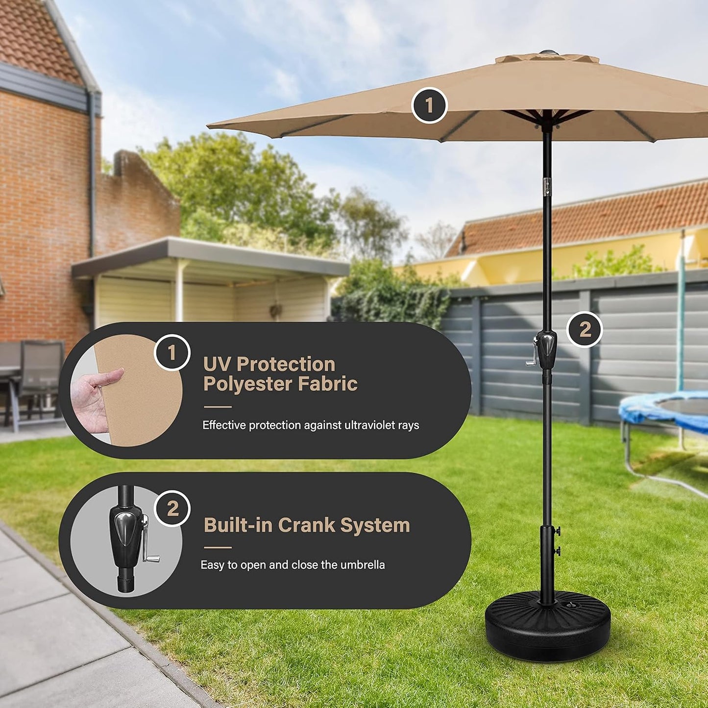 9FT Outdoor Patio Umbrella Table Market Umbrella with Push Button Tilt and Crank, 8 Sturdy Ribs, UV Protection Waterproof for Garden, Lawn, Deck, Backyard, Pool,Tan