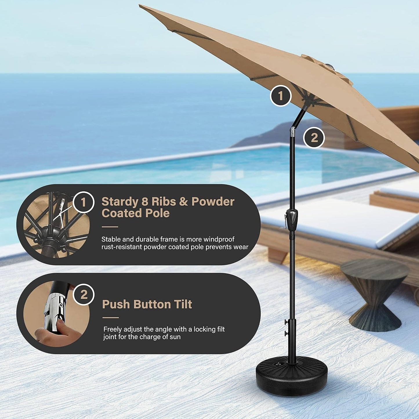 9FT Outdoor Patio Umbrella Table Market Umbrella with Push Button Tilt and Crank, 8 Sturdy Ribs, UV Protection Waterproof for Garden, Lawn, Deck, Backyard, Pool,Tan