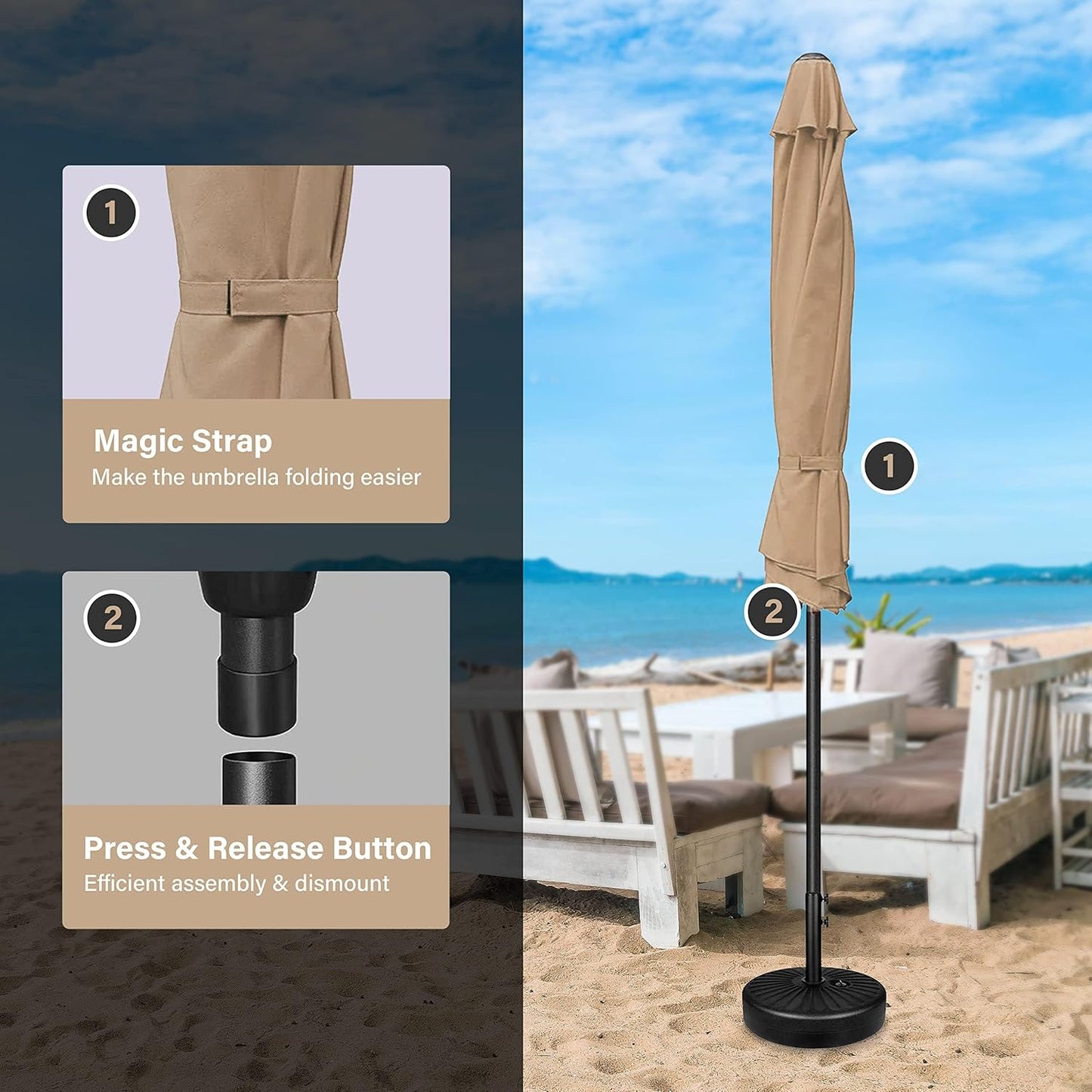 9FT Outdoor Patio Umbrella Table Market Umbrella with Push Button Tilt and Crank, 8 Sturdy Ribs, UV Protection Waterproof for Garden, Lawn, Deck, Backyard, Pool,Tan