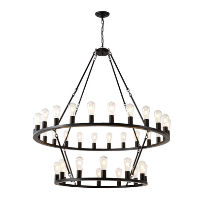 48 Inch Black Extra Large Wagon Wheel Chandelier, 2 Tier 36-Lights(No Include) Farmhouse Industrial Round High Ceiling Pendant Light Adjustable Chain, for Dining Room, Living Room,Kitchen