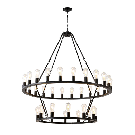 48 Inch Black Extra Large Wagon Wheel Chandelier, 2 Tier 36-Lights(No Include) Farmhouse Industrial Round High Ceiling Pendant Light Adjustable Chain, for Dining Room, Living Room,Kitchen