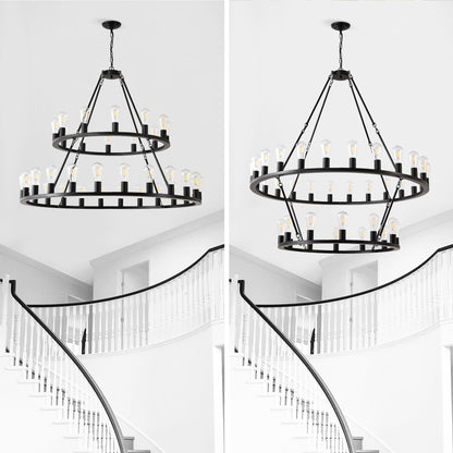 48 Inch Black Extra Large Wagon Wheel Chandelier, 2 Tier 36-Lights(No Include) Farmhouse Industrial Round High Ceiling Pendant Light Adjustable Chain, for Dining Room, Living Room,Kitchen