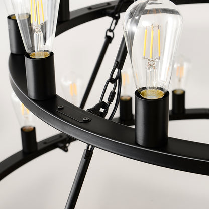 48 Inch Black Extra Large Wagon Wheel Chandelier, 2 Tier 36-Lights(No Include) Farmhouse Industrial Round High Ceiling Pendant Light Adjustable Chain, for Dining Room, Living Room,Kitchen