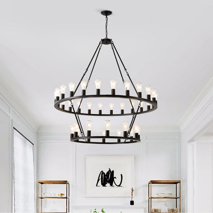 48 Inch Black Extra Large Wagon Wheel Chandelier, 2 Tier 36-Lights(No Include) Farmhouse Industrial Round High Ceiling Pendant Light Adjustable Chain, for Dining Room, Living Room,Kitchen