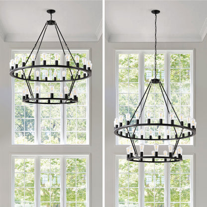 48 Inch Black Extra Large Wagon Wheel Chandelier, 2 Tier 36-Lights(No Include) Farmhouse Industrial Round High Ceiling Pendant Light Adjustable Chain, for Dining Room, Living Room,Kitchen
