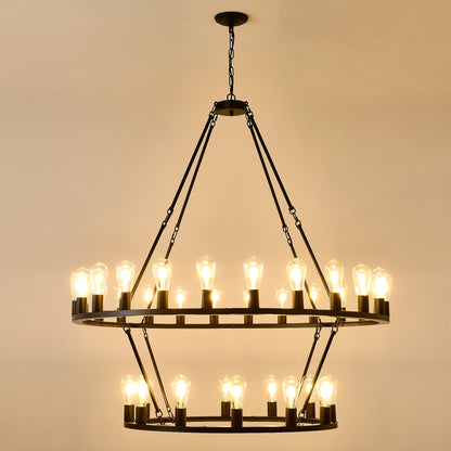 48 Inch Black Extra Large Wagon Wheel Chandelier, 2 Tier 36-Lights(No Include) Farmhouse Industrial Round High Ceiling Pendant Light Adjustable Chain, for Dining Room, Living Room,Kitchen