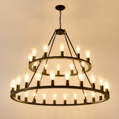 48 Inch Black Extra Large Wagon Wheel Chandelier, 2 Tier 36-Lights(No Include) Farmhouse Industrial Round High Ceiling Pendant Light Adjustable Chain, for Dining Room, Living Room,Kitchen