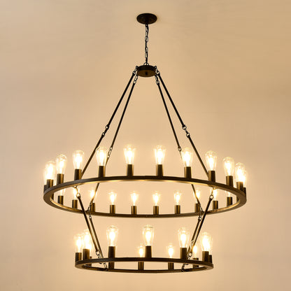48 Inch Black Extra Large Wagon Wheel Chandelier, 2 Tier 36-Lights(No Include) Farmhouse Industrial Round High Ceiling Pendant Light Adjustable Chain, for Dining Room, Living Room,Kitchen
