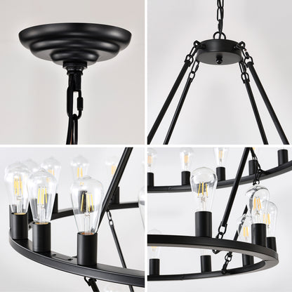 48 Inch Black Extra Large Wagon Wheel Chandelier, 2 Tier 36-Lights(No Include) Farmhouse Industrial Round High Ceiling Pendant Light Adjustable Chain, for Dining Room, Living Room,Kitchen