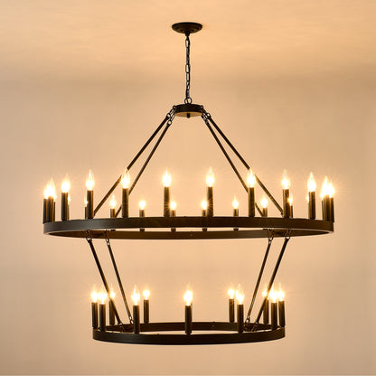 2 Tiers Wagon Wheel Chandelier Wooden Farmhouse 36-Light(24+12) or (12+24 ), Black Metal Chandeliers 2-Story Light Fixtures Industrial for High Ceiling Living Dining Room Foyer. Adjustable Height