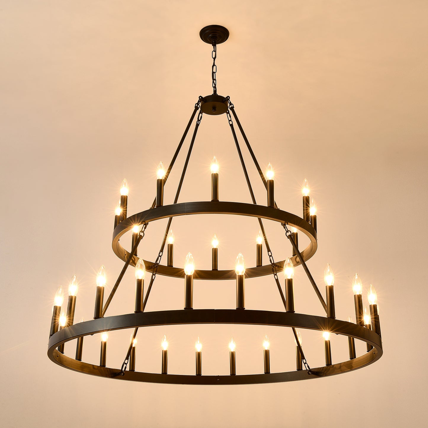 2 Tiers Wagon Wheel Chandelier Wooden Farmhouse 36-Light(24+12) or (12+24 ), Black Metal Chandeliers 2-Story Light Fixtures Industrial for High Ceiling Living Dining Room Foyer. Adjustable Height