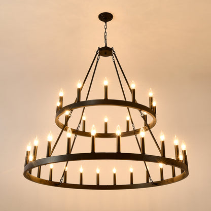 2 Tiers Wagon Wheel Chandelier Wooden Farmhouse 36-Light(24+12) or (12+24 ), Black Metal Chandeliers 2-Story Light Fixtures Industrial for High Ceiling Living Dining Room Foyer. Adjustable Height