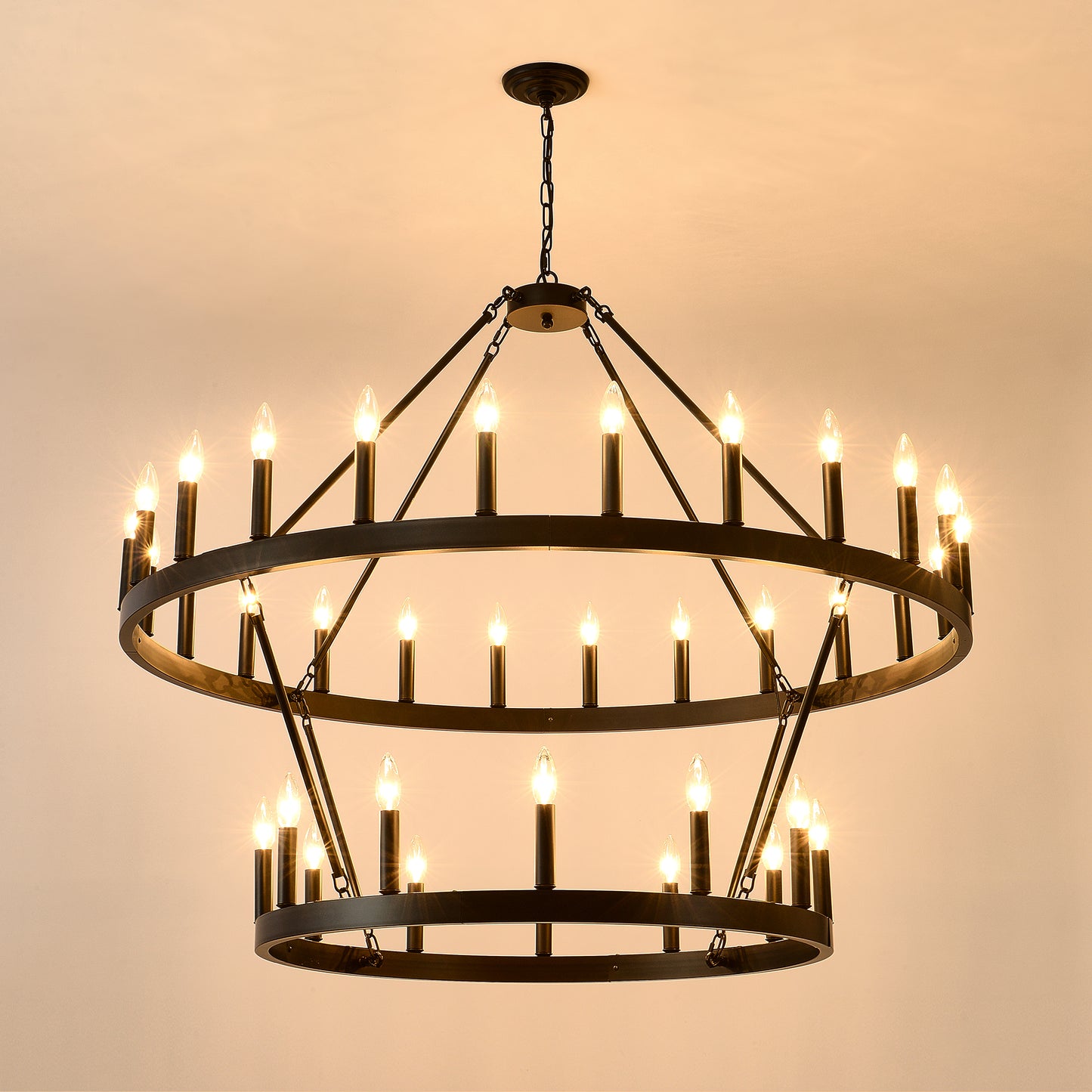 2 Tiers Wagon Wheel Chandelier Wooden Farmhouse 36-Light(24+12) or (12+24 ), Black Metal Chandeliers 2-Story Light Fixtures Industrial for High Ceiling Living Dining Room Foyer. Adjustable Height