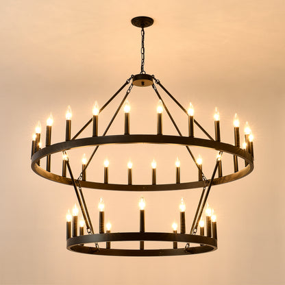 2 Tiers Wagon Wheel Chandelier Wooden Farmhouse 36-Light(24+12) or (12+24 ), Black Metal Chandeliers 2-Story Light Fixtures Industrial for High Ceiling Living Dining Room Foyer. Adjustable Height