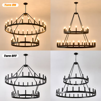 2 Tiers Wagon Wheel Chandelier Wooden Farmhouse 36-Light(24+12) or (12+24 ), Black Metal Chandeliers 2-Story Light Fixtures Industrial for High Ceiling Living Dining Room Foyer. Adjustable Height