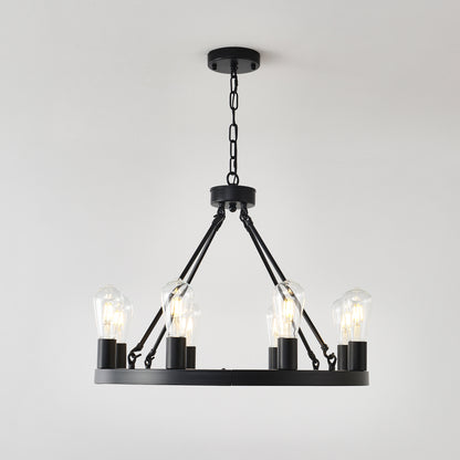 8-Light (No Bulbs) Matte Black Wagon Wheel Chandelier Farmhouse Modern Small Round Chandelier for Living Room Kitchen Island Foyer Hallway Entryway Bedroom Dining Room Light Fixture Ceiling Hanging