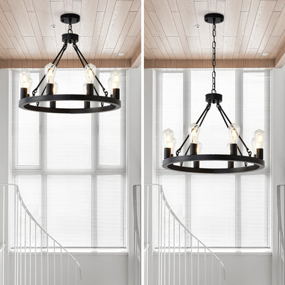 8-Light (No Bulbs) Matte Black Wagon Wheel Chandelier Farmhouse Modern Small Round Chandelier for Living Room Kitchen Island Foyer Hallway Entryway Bedroom Dining Room Light Fixture Ceiling Hanging