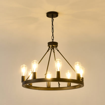 8-Light (No Bulbs) Matte Black Wagon Wheel Chandelier Farmhouse Modern Small Round Chandelier for Living Room Kitchen Island Foyer Hallway Entryway Bedroom Dining Room Light Fixture Ceiling Hanging