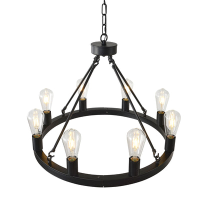 8-Light (No Bulbs) Matte Black Wagon Wheel Chandelier Farmhouse Modern Small Round Chandelier for Living Room Kitchen Island Foyer Hallway Entryway Bedroom Dining Room Light Fixture Ceiling Hanging