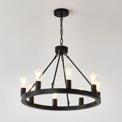 8-Light (No Bulbs) Matte Black Wagon Wheel Chandelier Farmhouse Modern Small Round Chandelier for Living Room Kitchen Island Foyer Hallway Entryway Bedroom Dining Room Light Fixture Ceiling Hanging